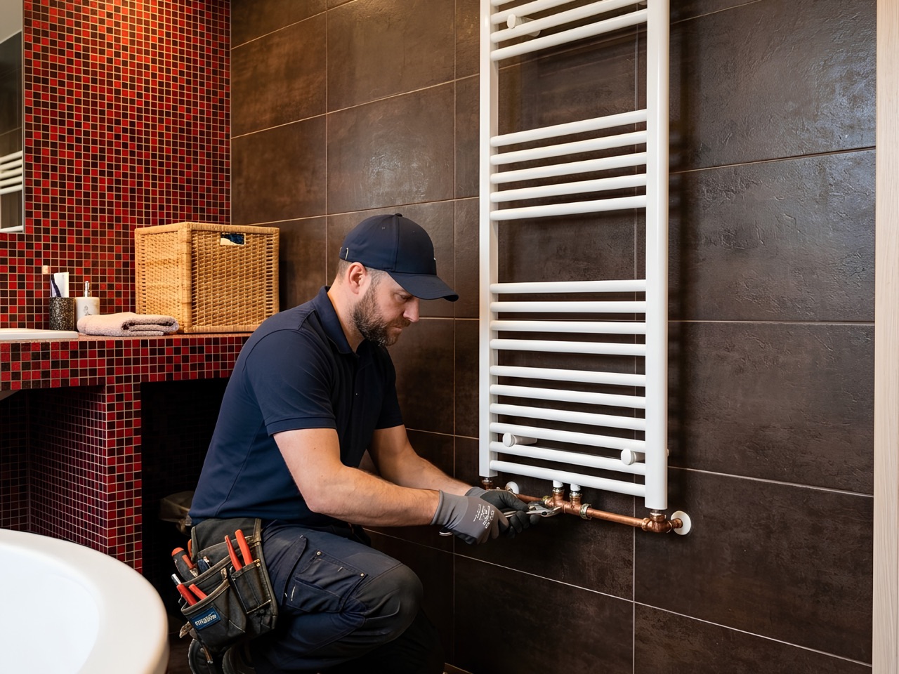 Instalador montando un toallero en un baño